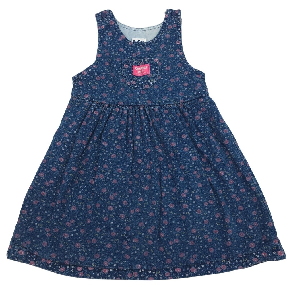 VTG 90s OshKosh Bgosh Pink Floral Rosebud Denim Jumper Dress Girls Size 6 Rare